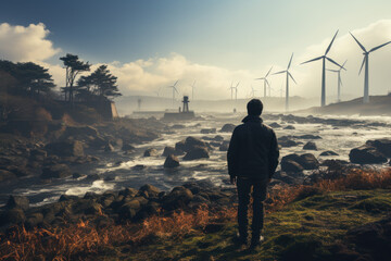 Pensive man surveying wind turbines by the water