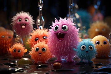 3D rendering of The cutest most amazing creatures in the atomic level, under electron microscope, viruses, bacteria and fungy creatures being so cute, all colorful