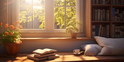 An inviting reading nook by a window, sun rays illuminating a stack of books, peaceful and warm, photorealistic