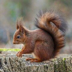 Closeup of a common squirrel (Sciurus vulgaris) on a trunk of a tree against a blurred background