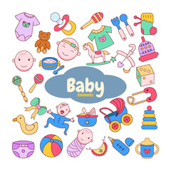 Fototapeta premium Baby furniture and clothes. Nursery elements, animal toys, decor, cradles, rattles and newborn, Vector Illustration