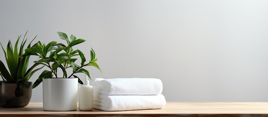 Space for copy, with a white tabletop featuring white towels and a houseplant