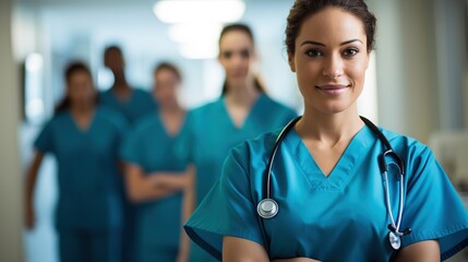 Portrait of a young nursing student standing with her team in a hospital wearing scrubs. Generative AI