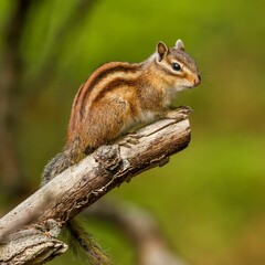 Naklejka na ściany i meble Small, gray squirrel is perched atop a tree branch in a natural outdoor setting