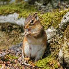 Naklejka na ściany i meble Brown squirrel perched on a moss-covered rock, its cheeks filled with acorns