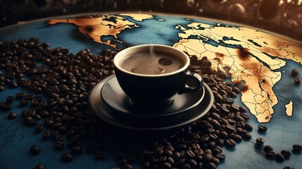 Top view of black coffee with a world map on a cup on the table in the form of coffee beans Generative AI