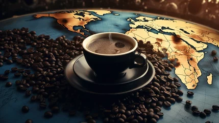 Foto op Plexiglas Top view of black coffee with a world map on a cup on the table in the form of coffee beans Generative AI © Irina
