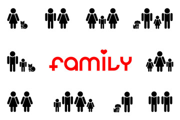 Different families icons: traditional and non-traditional, concept, contemporary design, vector illustration. Types of relationships. Concept - no loneliness