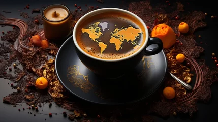 Foto op Aluminium Top view of black coffee with a world map on a cup on the table in the form of coffee beans Generative AI © Irina