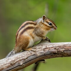 Close-up shot of a Siberian chipmunk on a tree branch, Eutamias sibiricus.