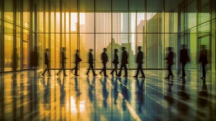 Silhouette image of business people crowd walking in a modern building's hall with big window. In style of abstract and motion blur.