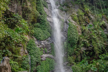 Fototapeta na wymiar Small water fall on the tropical forest when rain season. The photo is suitable to use for adventure content media, nature poster and forest background.