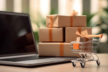 Tiny orange color shopping cart, parcels boxes and laptop computer with blurred background, delivery service, e-commerce, online shopping and marketplace concept.