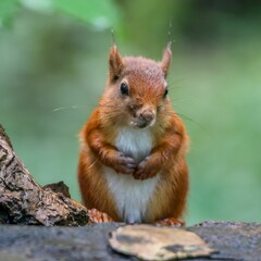 Of a red squirrel standing alert with its paws on the ground