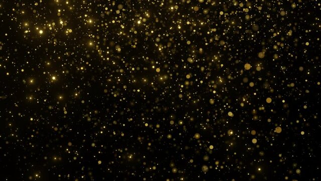 golden glitter and bokeh one million particles flowing in the deep black background.