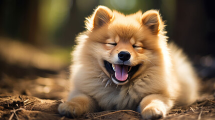 A cute furry two puppy showing a happy smiley expression