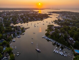 Aerial view of Chesapeake Bay of Annapolis, Maryland at sunrise