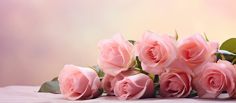 A bouquet of fresh pink roses in a natural soft light tone, with copy space and selective focus