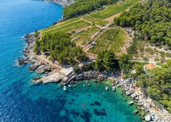 Aerial photo of beautiful beach and turquoise sea on coastline of Hvar island in Croatia