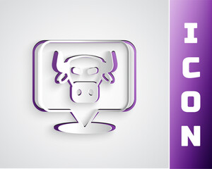 Paper cut Cow head icon isolated on grey background. Paper art style. Vector