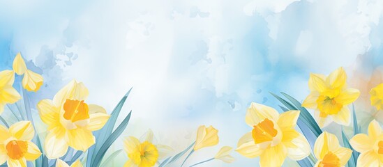 horizontal banner with copy space featuring daffodils on a watercolor background, symbolizing the spring
