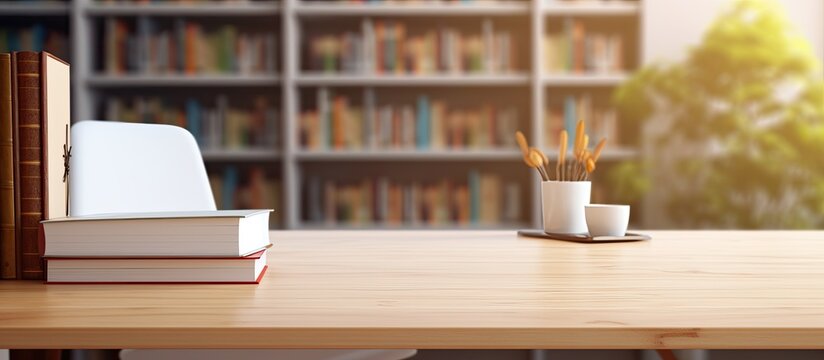 white table in a blurred study room, with books, stationery, and copy space