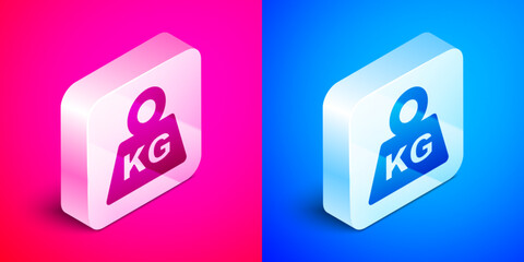 Isometric Weight icon isolated on pink and blue background. Kilogram weight block for weight lifting and scale. Mass symbol. Silver square button. Vector