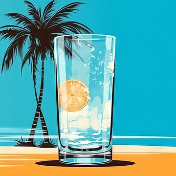 Illustration of Refreshing drink of water with ice cubes  in a glass and slice of lemon,  on background sea and beach and palm trees. Glass of refreshing cold drink with ice against beach.