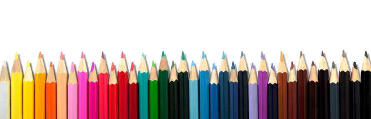Colored pencils stacked in row on transparent white background. Panorama.
