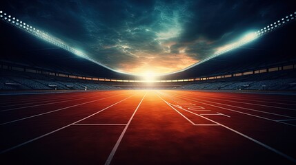 Photo of an empty running stadium, generated by AI - obrazy, fototapety, plakaty