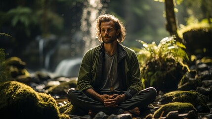 meditating person in nature, focusing on calmness, concentration, and relaxation