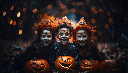 Halloween with kids ready for trick or treat. Generative AI illustrations