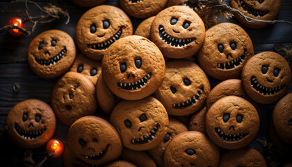 Stack of halloween cookies with evil faces. Generative AI illustrations