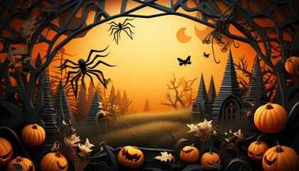 Halloween scenery with spooky pumpkins and haunted nightmares. Generative AI illustrations