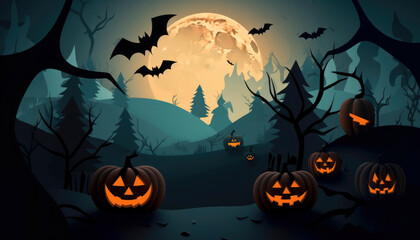 Halloween scenery with spooky pumpkins and haunted nightmares. Generative AI illustrations