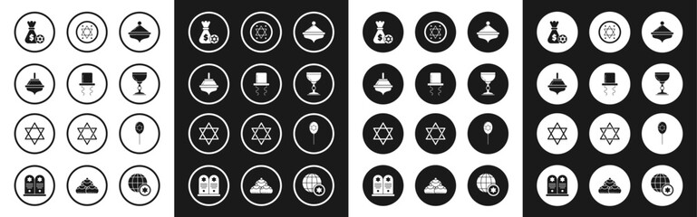 Set Hanukkah dreidel, Orthodox jewish hat with sidelocks, Jewish money bag star of david and coin, goblet, Balloons ribbon and Star David icon. Vector