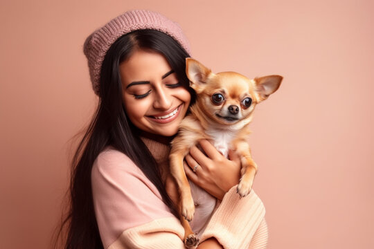 Young happy woman holding Chihuahua lap dog in front of one colored studio background.