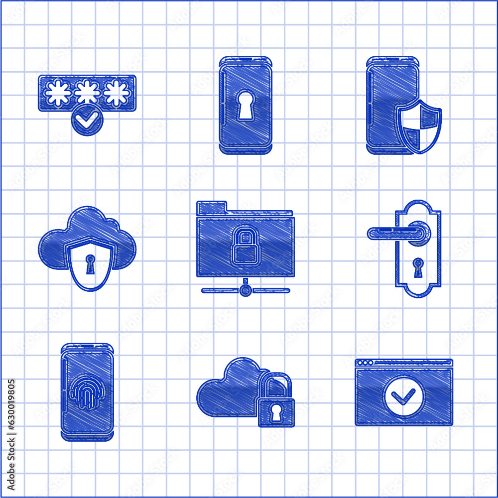 Poster set ftp folder and lock, cloud computing, secure your site with https, ssl, door handle, smartphone 