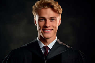 Handsome blond guy student in bachelor's robes. University graduation. AI Generated.