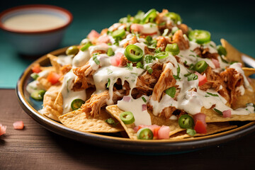 Close up digital picture of mexican nachos chips with various sauces guacamole salsa cheese sour cream modern generative ai technology - Powered by Adobe