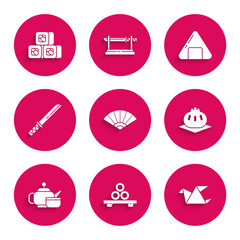Set Paper chinese or japanese folding fan, Sushi on cutting board, Origami bird, Khinkali, Japanese tea ceremony, Traditional katana, and icon. Vector