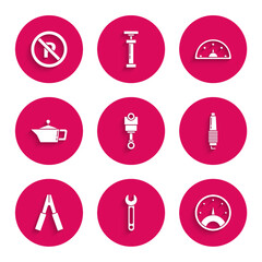 Set Engine piston, Wrench, Speedometer, Car spark plug, battery jumper power cable, Canister for motor machine oil, and No Parking stopping icon. Vector