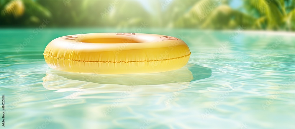 Poster yellow inflatable ring floating in a swimming pool, representing a vacation concept. there is copy s