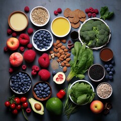 Selection of healthy food. Superfoods, various fruits and assorted berries, nuts and seeds.Generative AI