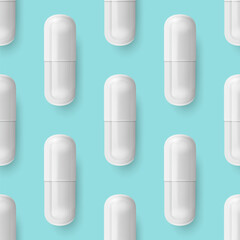 Vector Seamless Pattern with 3d Realistic White Pharmaceutical Medical Pill, Capsule, Tablet Closeup On Blue Background. Front View. Medicine, Health Concept