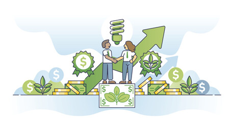 Sustainable investments and green ecological deal management outline concept. Responsible and nature friendly company with environmental business vector illustration. Financial agreement and growth.