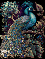 peacock, intricate embellishments, native motifs, romanticized nature, tangled nests, unusual cropping, bamileke art, ai generative 