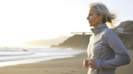 Fototapeta na wymiar Portrait of Woman Jogging on the Beach
