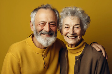 Happy aged man and woman. Portrait of elderly couple on dark background, close up. Happy old age. Nursing home. Grandma and grandpa