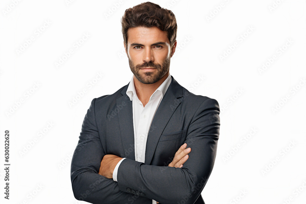 Poster generative ai collage of worker man standing look in camera with crossed hands over white background
